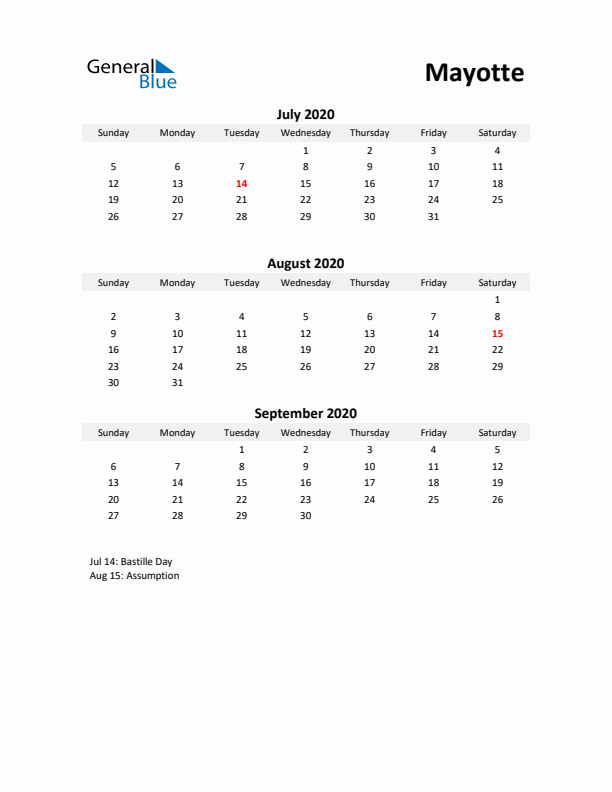 Printable Quarterly Calendar with Notes and Mayotte Holidays- Q3 of 2020