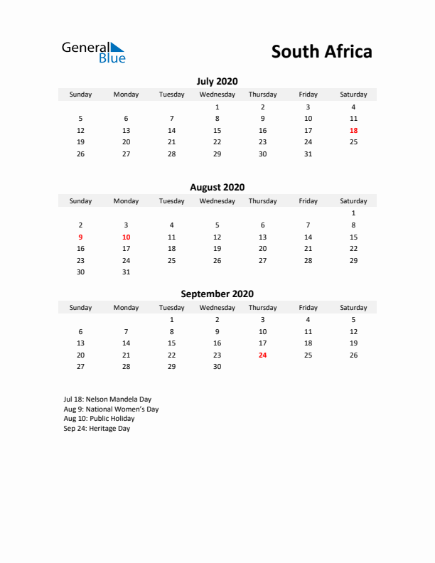 Printable Quarterly Calendar with Notes and South Africa Holidays- Q3 of 2020