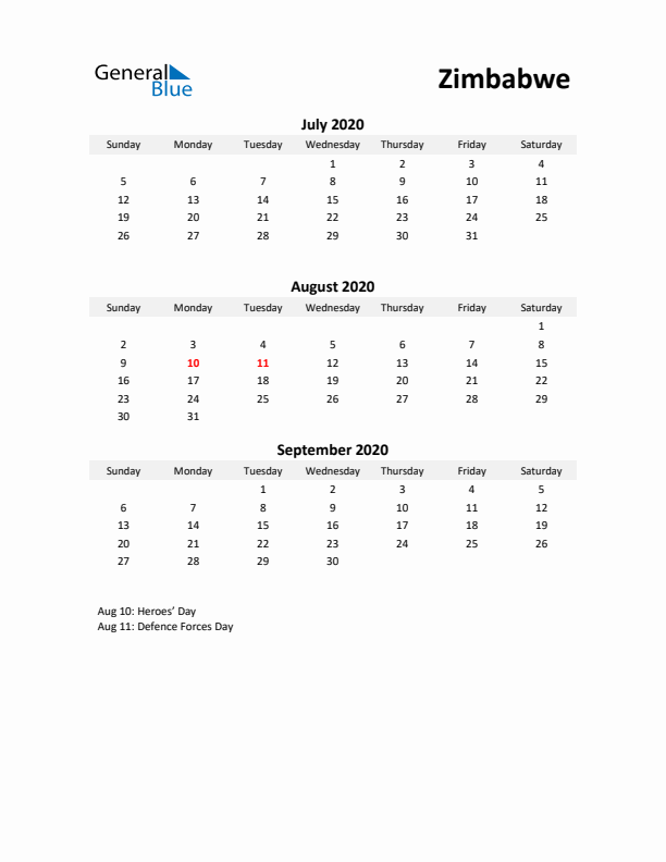 Printable Quarterly Calendar with Notes and Zimbabwe Holidays- Q3 of 2020