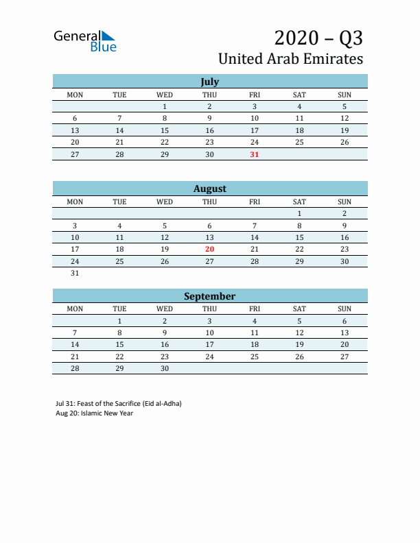 Three-Month Planner for Q3 2020 with Holidays - United Arab Emirates