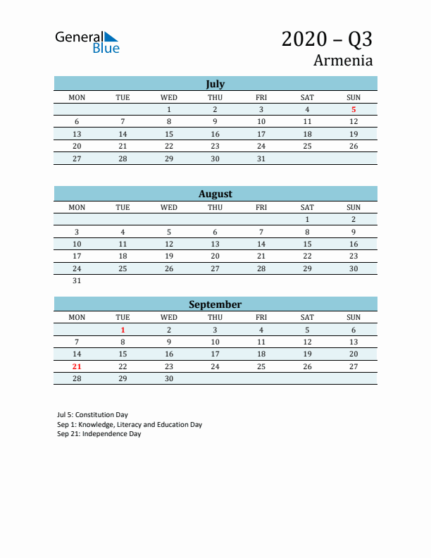 Three-Month Planner for Q3 2020 with Holidays - Armenia