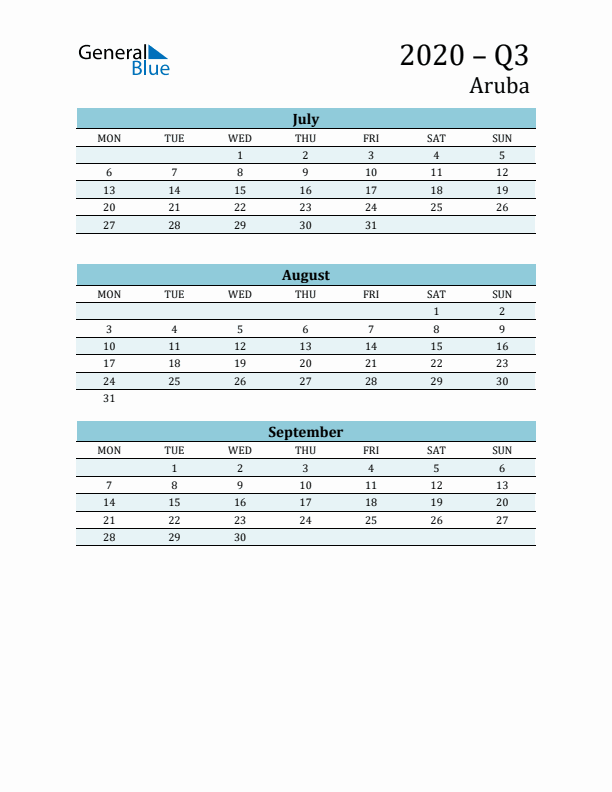 Three-Month Planner for Q3 2020 with Holidays - Aruba