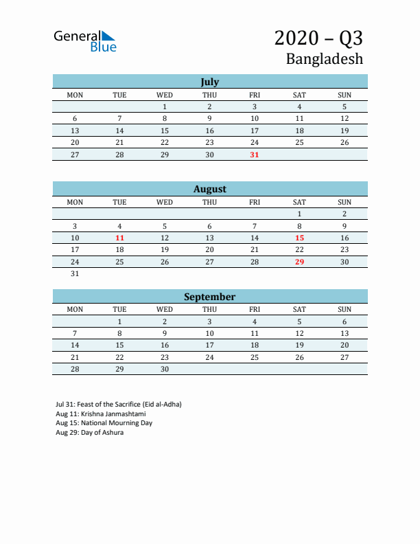 Three-Month Planner for Q3 2020 with Holidays - Bangladesh