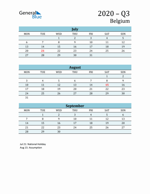 Three-Month Planner for Q3 2020 with Holidays - Belgium