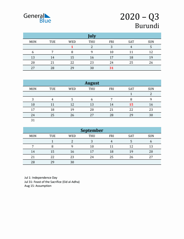 Three-Month Planner for Q3 2020 with Holidays - Burundi