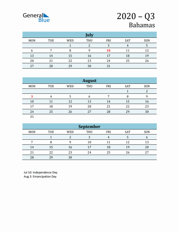 Three-Month Planner for Q3 2020 with Holidays - Bahamas