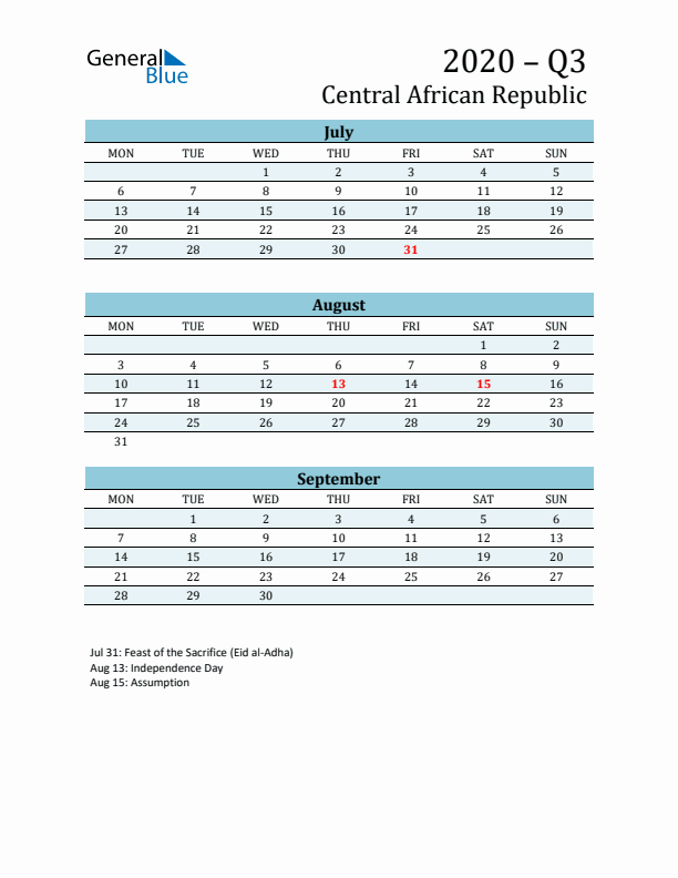 Three-Month Planner for Q3 2020 with Holidays - Central African Republic