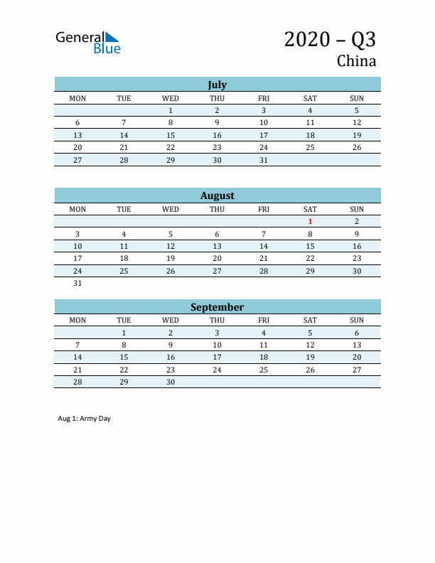 Three-Month Planner for Q3 2020 with Holidays - China