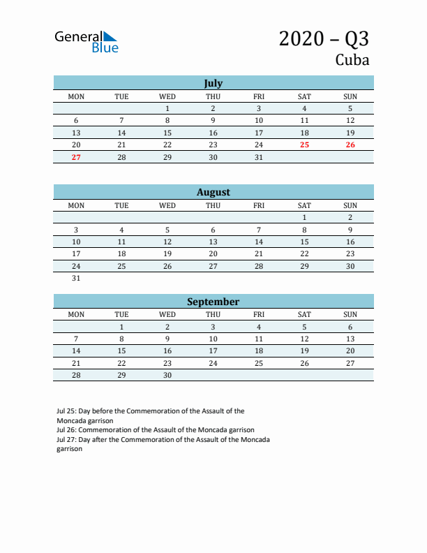 Three-Month Planner for Q3 2020 with Holidays - Cuba