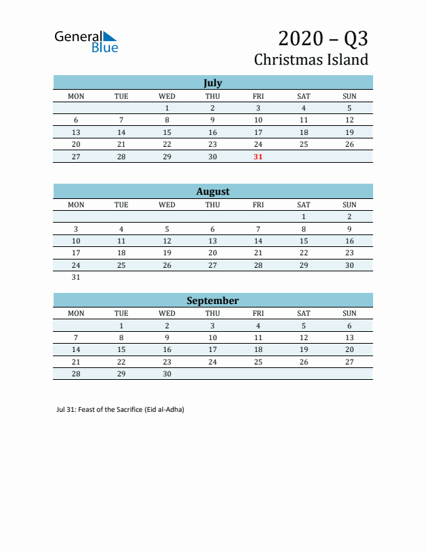 Three-Month Planner for Q3 2020 with Holidays - Christmas Island