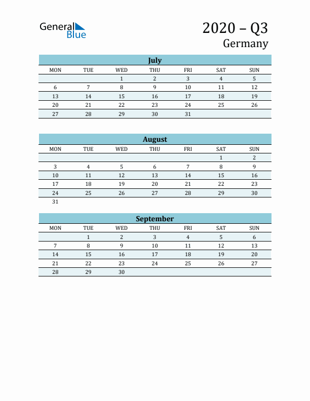 Three-Month Planner for Q3 2020 with Holidays - Germany