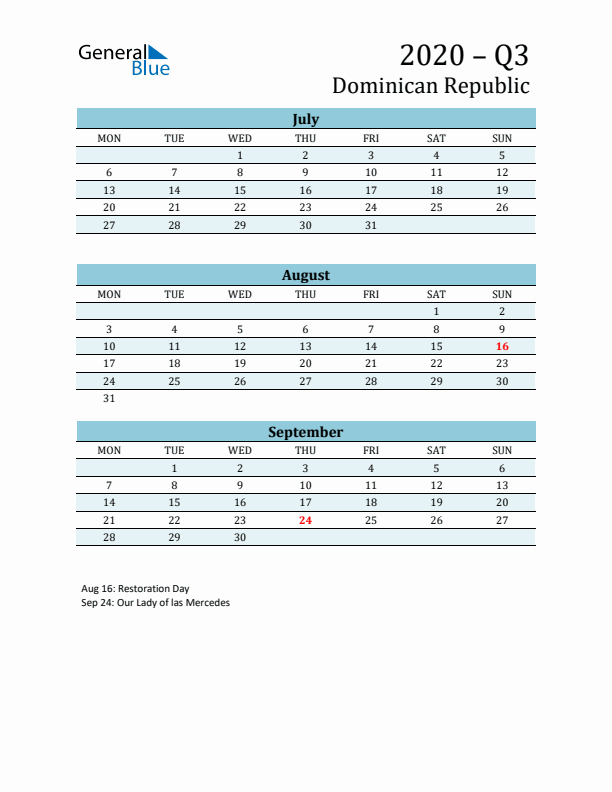 Three-Month Planner for Q3 2020 with Holidays - Dominican Republic