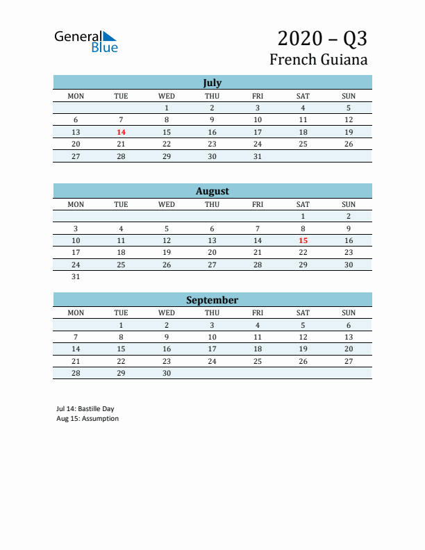 Three-Month Planner for Q3 2020 with Holidays - French Guiana