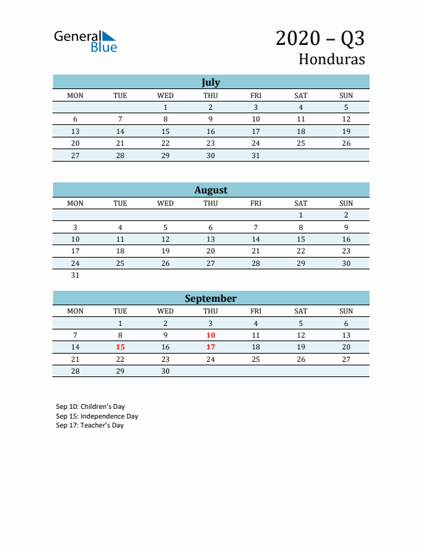 Three-Month Planner for Q3 2020 with Holidays - Honduras