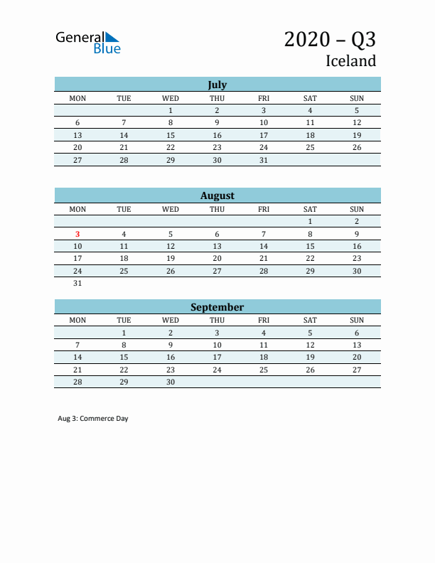 Three-Month Planner for Q3 2020 with Holidays - Iceland