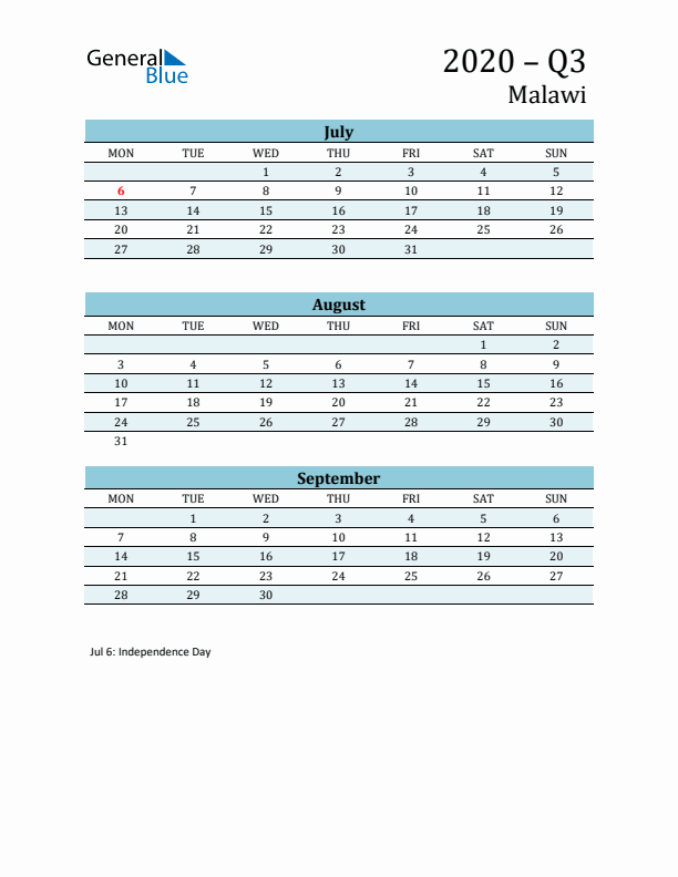 Three-Month Planner for Q3 2020 with Holidays - Malawi