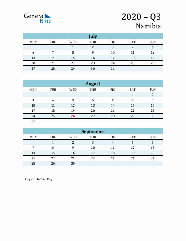 Three-Month Planner for Q3 2020 with Holidays - Namibia