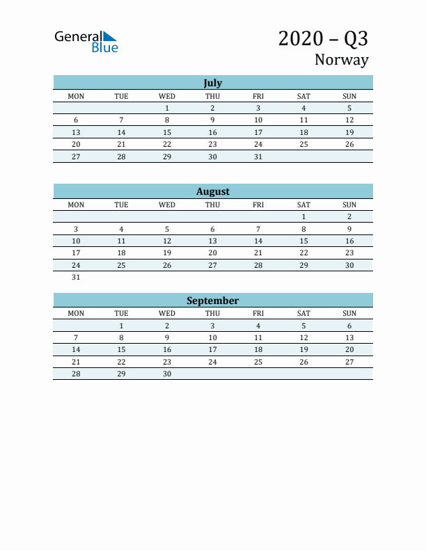 Three-Month Planner for Q3 2020 with Holidays - Norway