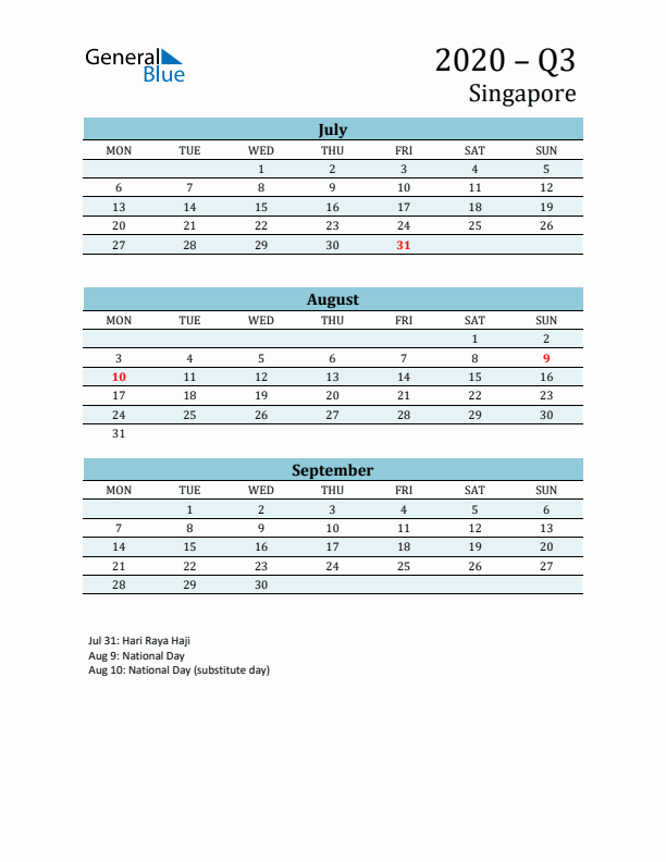 Three-Month Planner for Q3 2020 with Holidays - Singapore