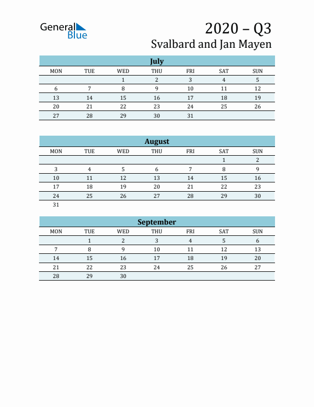 Three-Month Planner for Q3 2020 with Holidays - Svalbard and Jan Mayen