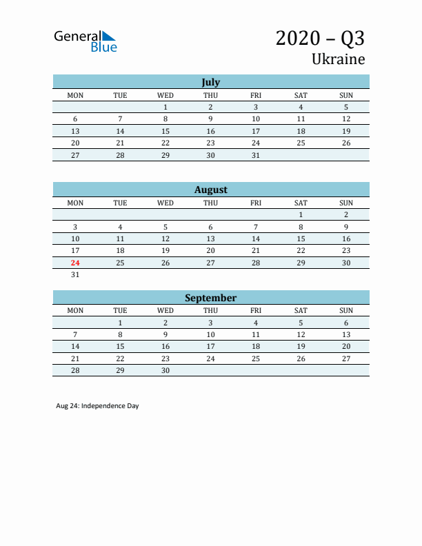 Three-Month Planner for Q3 2020 with Holidays - Ukraine