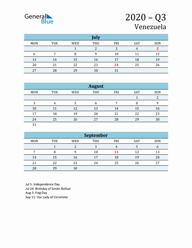 Three-Month Planner for Q3 2020 with Holidays - Venezuela