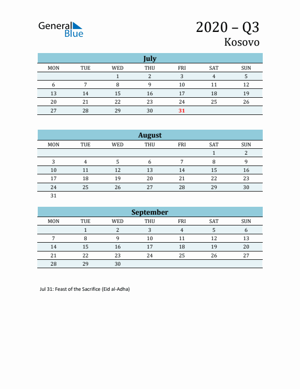 Three-Month Planner for Q3 2020 with Holidays - Kosovo