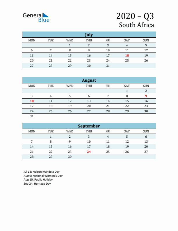 Three-Month Planner for Q3 2020 with Holidays - South Africa