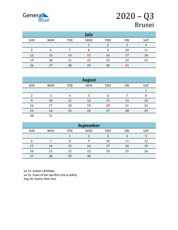 Three-Month Planner for Q3 2020 with Holidays - Brunei