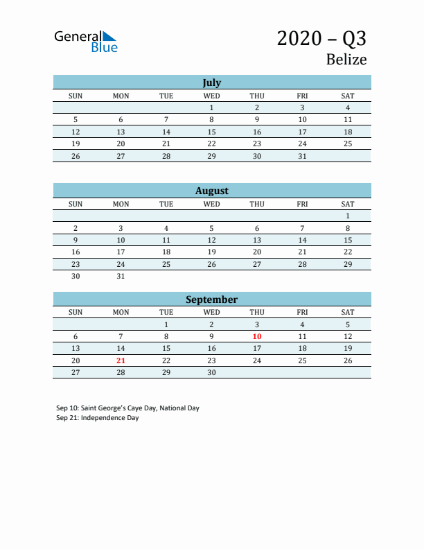 Three-Month Planner for Q3 2020 with Holidays - Belize