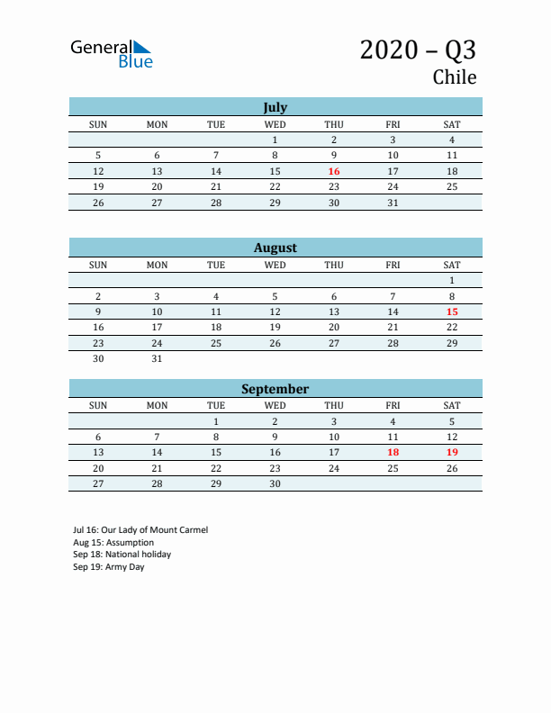 Three-Month Planner for Q3 2020 with Holidays - Chile