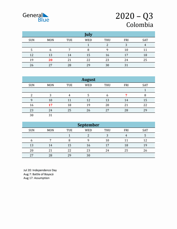 Three-Month Planner for Q3 2020 with Holidays - Colombia