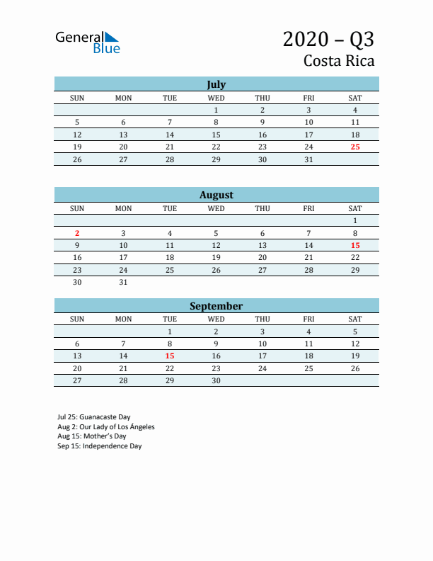 Three-Month Planner for Q3 2020 with Holidays - Costa Rica