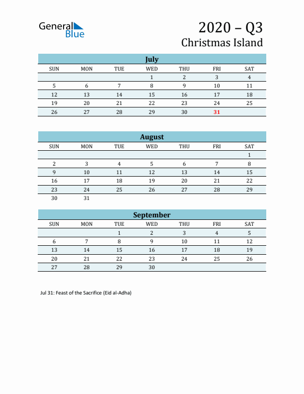 Three-Month Planner for Q3 2020 with Holidays - Christmas Island