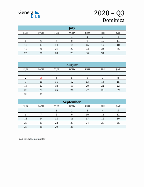 Three-Month Planner for Q3 2020 with Holidays - Dominica