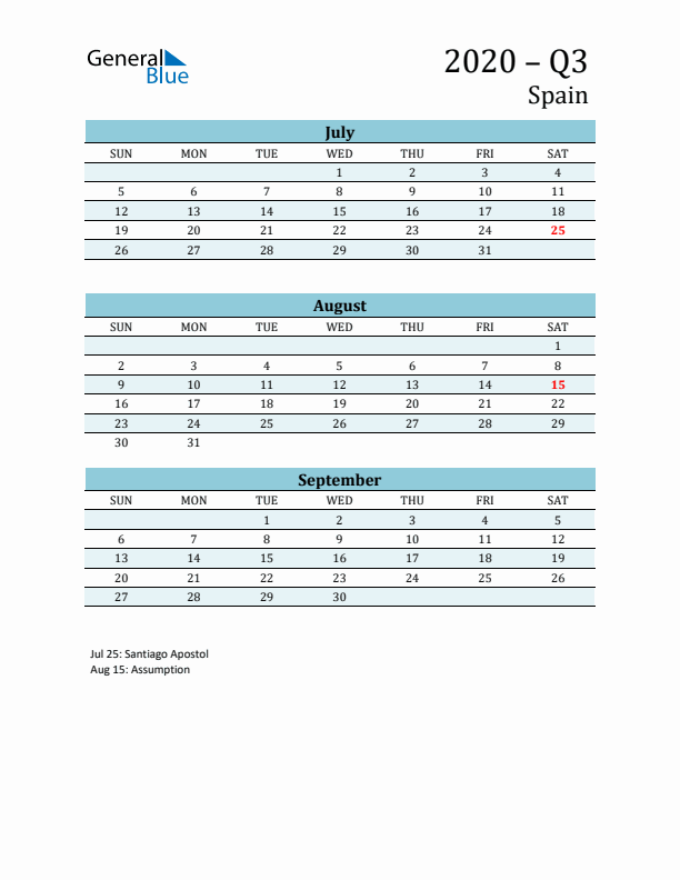 Three-Month Planner for Q3 2020 with Holidays - Spain