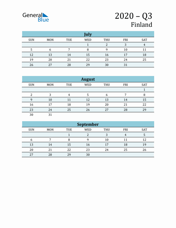 Three-Month Planner for Q3 2020 with Holidays - Finland