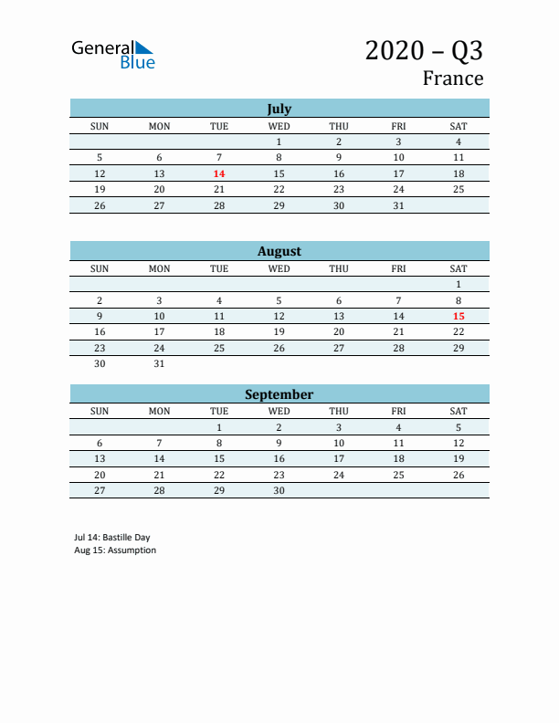 Three-Month Planner for Q3 2020 with Holidays - France