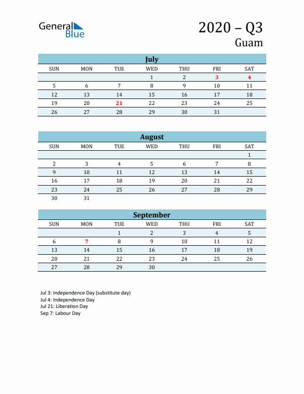 Three-Month Planner for Q3 2020 with Holidays - Guam