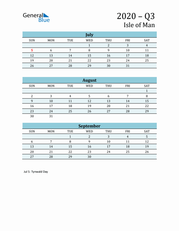 Three-Month Planner for Q3 2020 with Holidays - Isle of Man