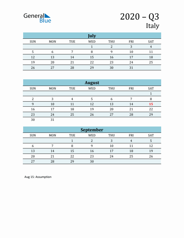 Three-Month Planner for Q3 2020 with Holidays - Italy