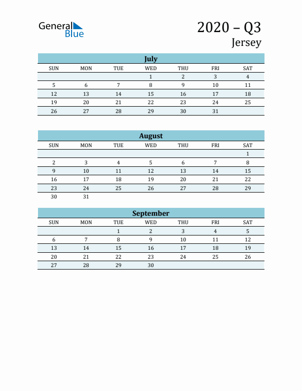 Three-Month Planner for Q3 2020 with Holidays - Jersey