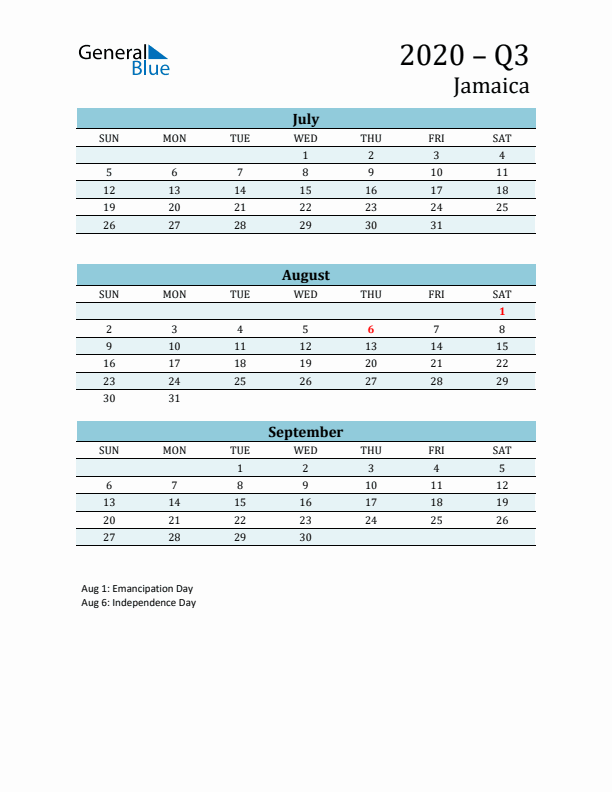 Three-Month Planner for Q3 2020 with Holidays - Jamaica