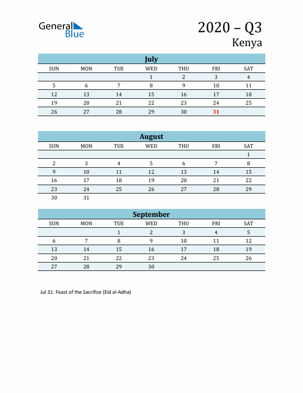 Three-Month Planner for Q3 2020 with Holidays - Kenya