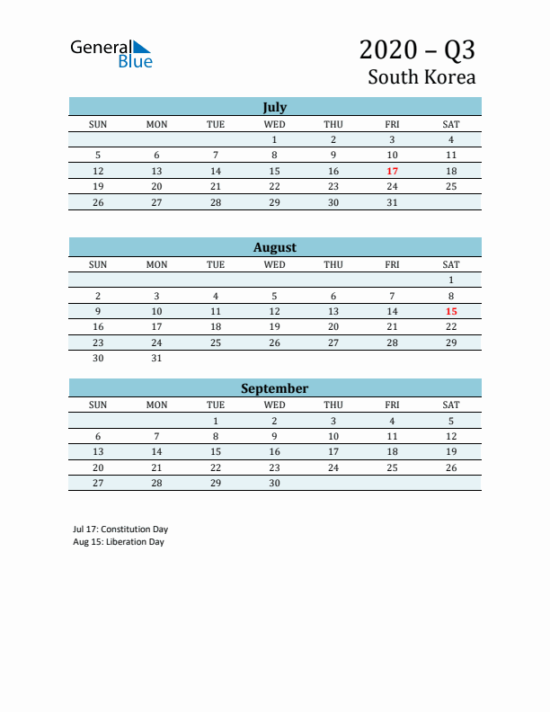 Three-Month Planner for Q3 2020 with Holidays - South Korea