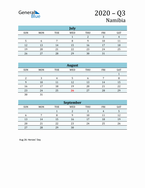 Three-Month Planner for Q3 2020 with Holidays - Namibia