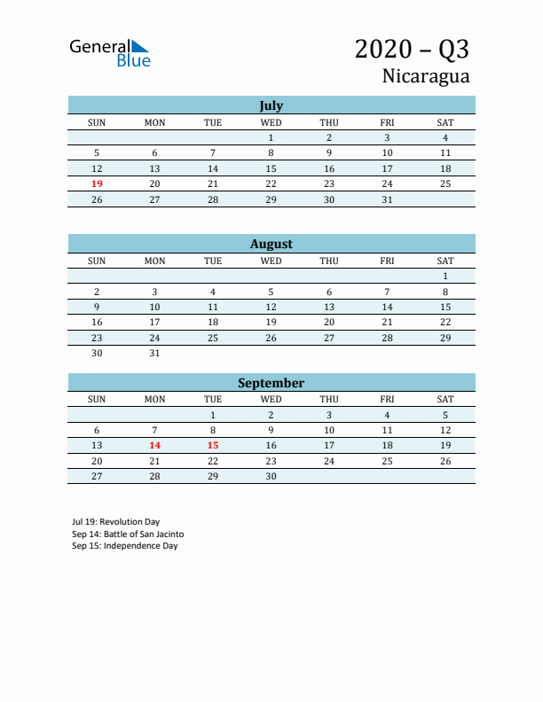 Three-Month Planner for Q3 2020 with Holidays - Nicaragua