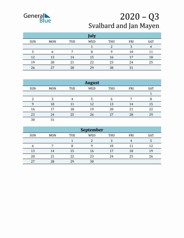 Three-Month Planner for Q3 2020 with Holidays - Svalbard and Jan Mayen