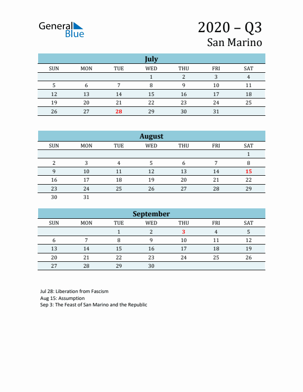 Three-Month Planner for Q3 2020 with Holidays - San Marino