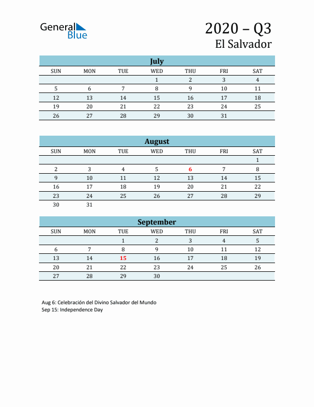 Three-Month Planner for Q3 2020 with Holidays - El Salvador